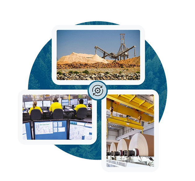 Illustration eines industriellen Prozesses. Oben: Maschinen neben einem Holzstapel. Links: Arbeiter an Computermonitoren. Rechts: gestapeltes Holz unter blauem Himmel.