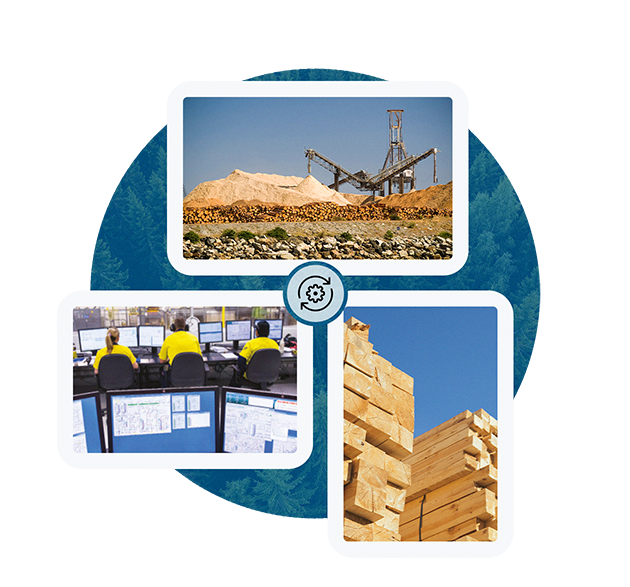 Industrial process illustration; top: machinery by a woodpile; left: workers at computer monitors; right: stacked timber under blue sky.