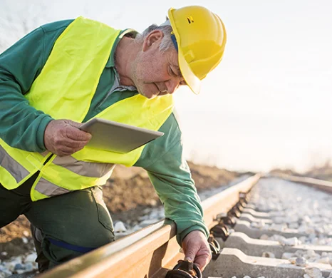 Een spoorwegwerker met gele helm en reflecterend vest knielt op het spoor voor een digitale inspectie met een tablet.