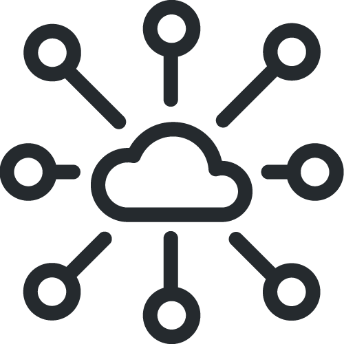 A minimalist black-and-white line art icon representing centralized cloud data sync, featuring a central cloud icon connected to eight radiating nodes or data endpoints.