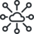 A minimalist black-and-white line art icon representing centralized cloud data sync, featuring a central cloud icon connected to eight radiating nodes or data endpoints.