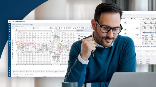 A man looks at a laptop screen, with digital construction blueprints and estimating software interfaces overlaid in the background.