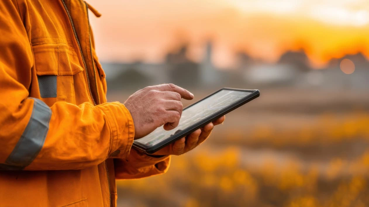 Close-up of a worker's hands in a reflective orange jacket using a tablet during a bright sunset.