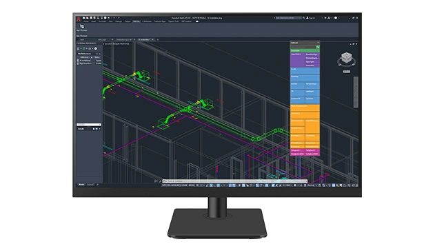 A desktop monitor displays Stabicad for AutoCAD software