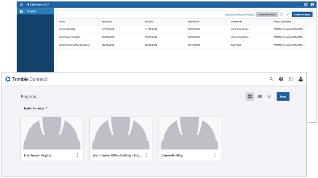 A split-screen image of Trimble Connect software interfaces, showing project lists and file management.
