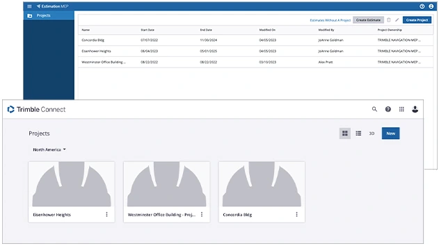 A split-screen image of Trimble Connect software interfaces, showing project lists and file management.