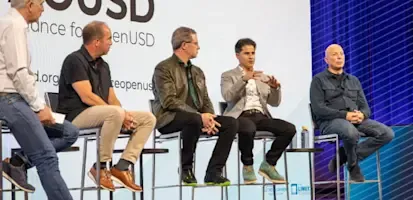 Steve May (Pixar), Guido Quaroni (Adobe), and Aviad Almagor (Trimble) discuss OpenUSD at a Trimble Dimensions conference panel.
