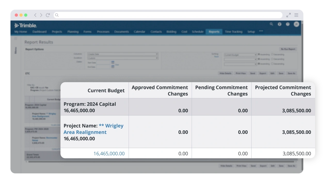 Trimble Unity Construct screenshot showing table of budget changes