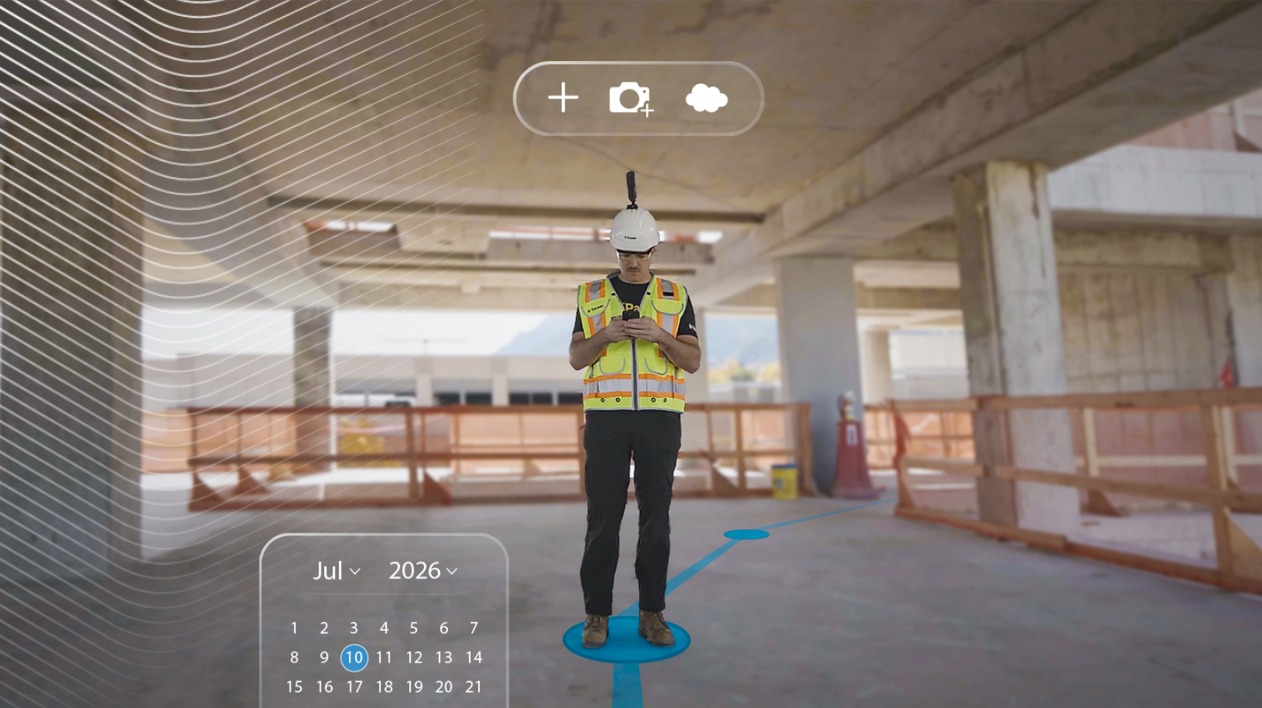 Worker on a construction site using ProjectSight 360 Capture with AR overlays showing a calendar, path tracking, and camera menu.