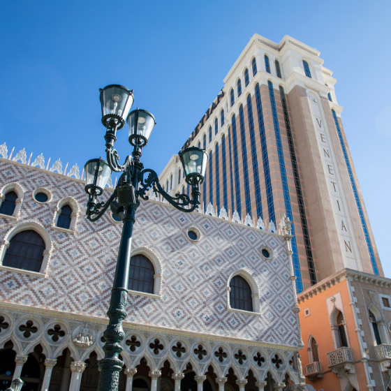 A view from below of The Venetian tower on a bluebird day in Las Vegas