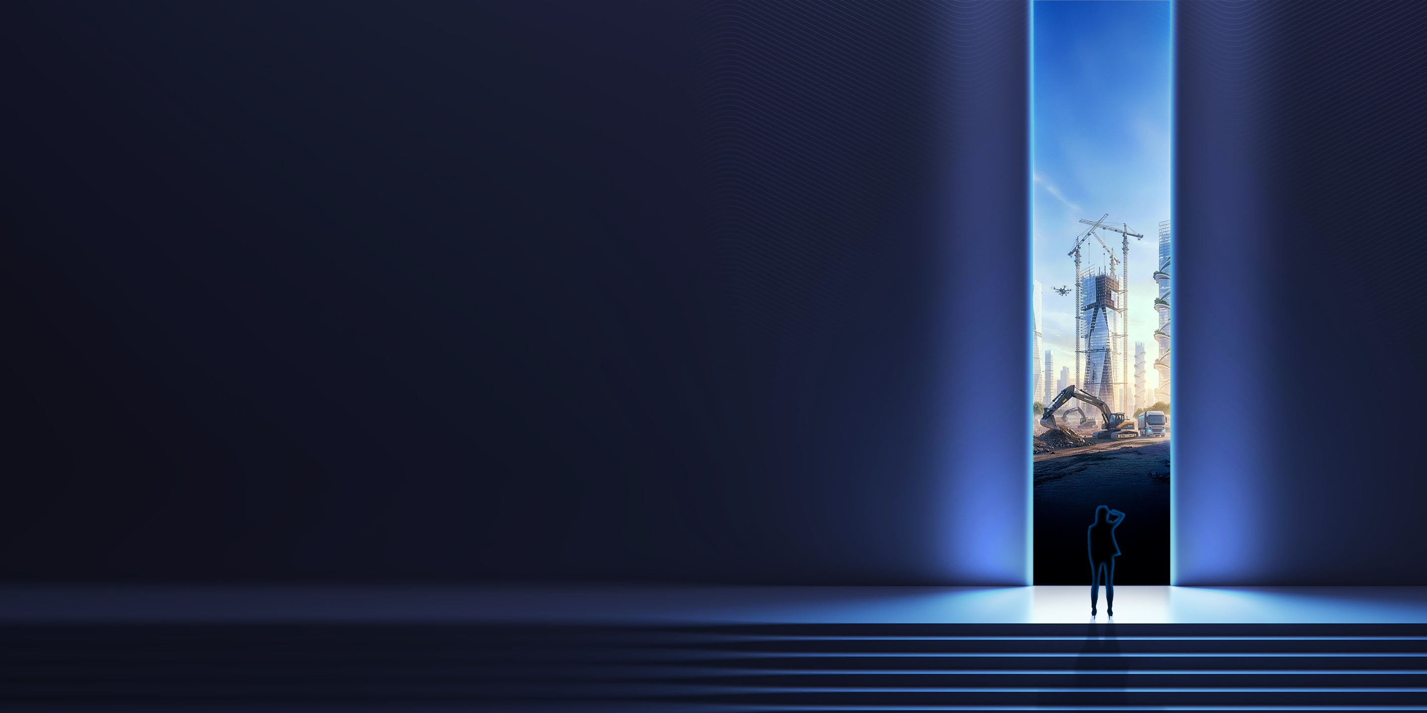 Futuristic silhouette looks into a bright, vertical portal showing a construction site.