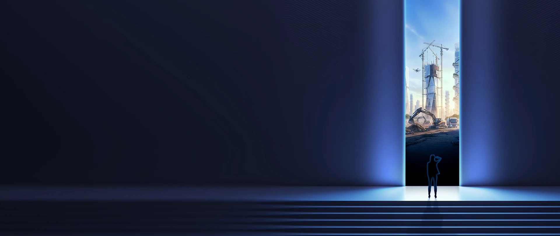 Futuristic silhouette looks into a bright, vertical portal showing a construction site.