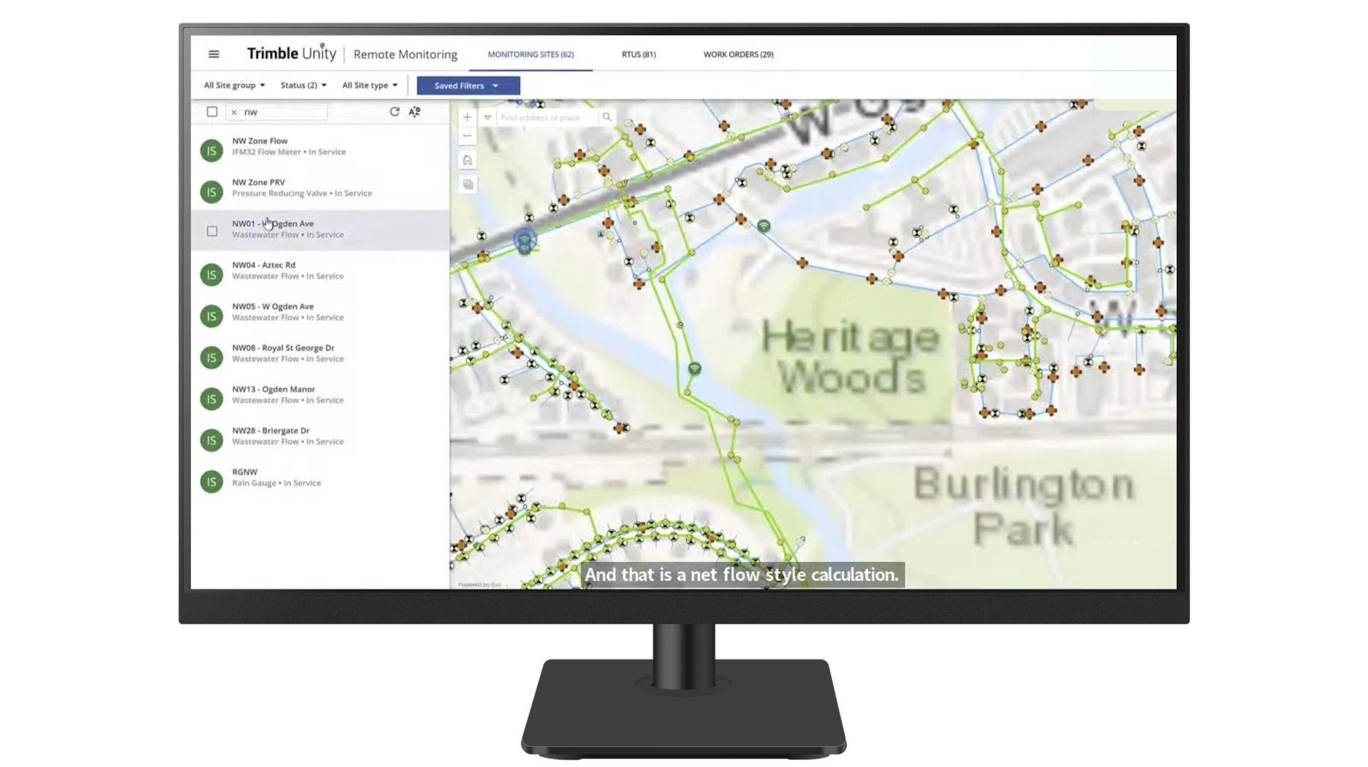 Trimble Unity Remote Monitoring dashboard showing a utility map of Heritage Woods and Burlington Park with a list of monitoring sites.