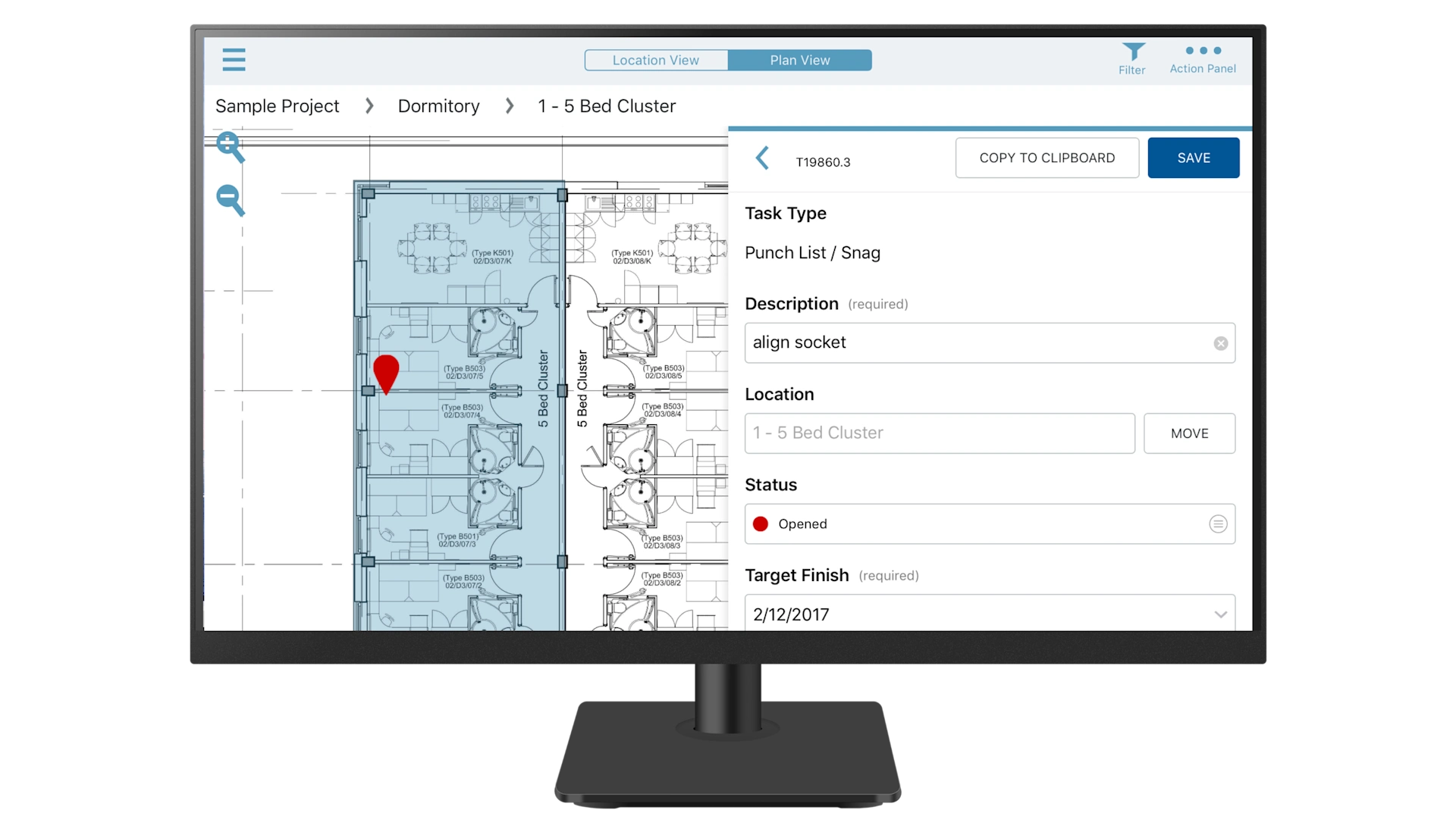 Trimble Field View software on a monitor showing a construction punch list task and floor plan for a dormitory project.