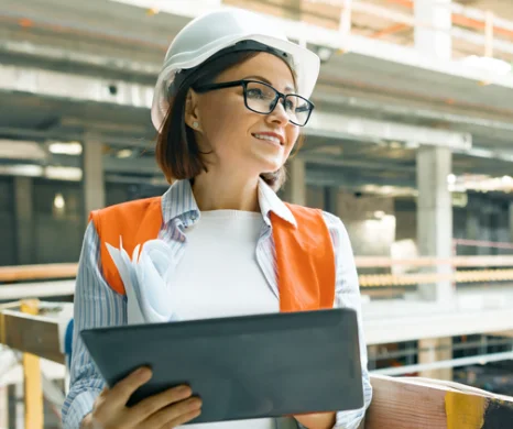 Femme en casque blanc et gilet orange tenant une tablette sur un chantier avec des piliers en béton.