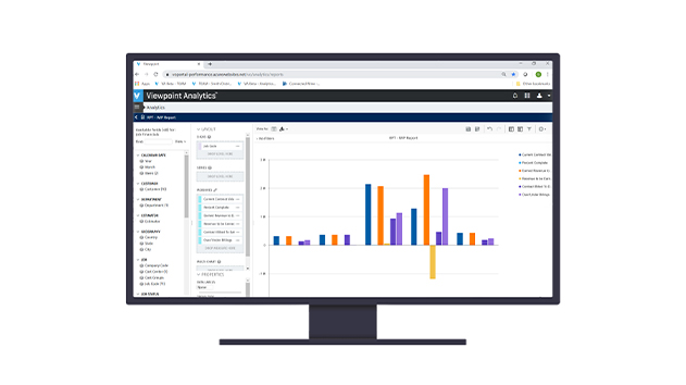 A computer monitor displays the Trimble Viewpoint Analytics interface, featuring a colorful bar chart for construction project data reporting.