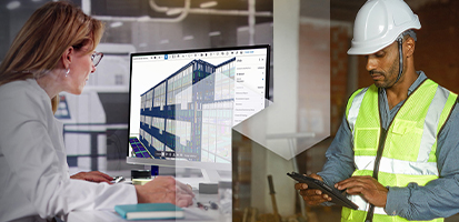 A woman in an office and a construction worker on-site collaborate on a 3D building model using Trimble FieldLink and Trimble Connect software.