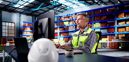A man in a safety vest works at a computer in a modern warehouse with rows of blue shelving and inventory.