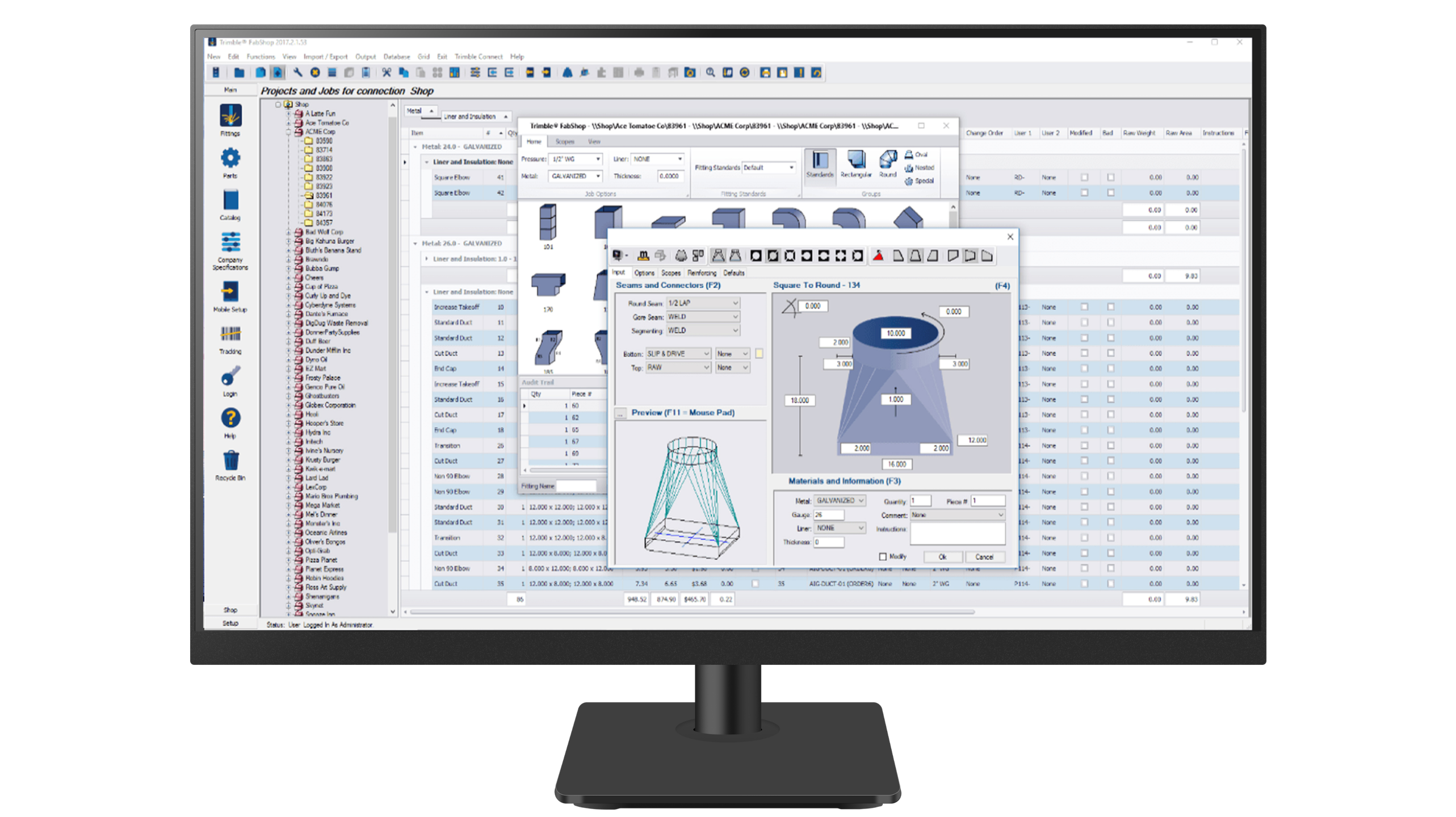 A computer monitor displays Trimble FabShop software, featuring 3D HVAC fitting models and project management windows for fabrication workflows.