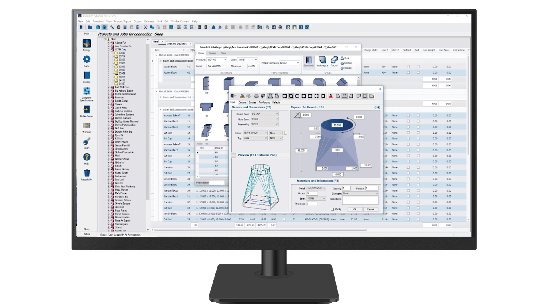 A computer monitor displays Trimble FabShop software, featuring 3D HVAC fitting models and project management windows for fabrication workflows.