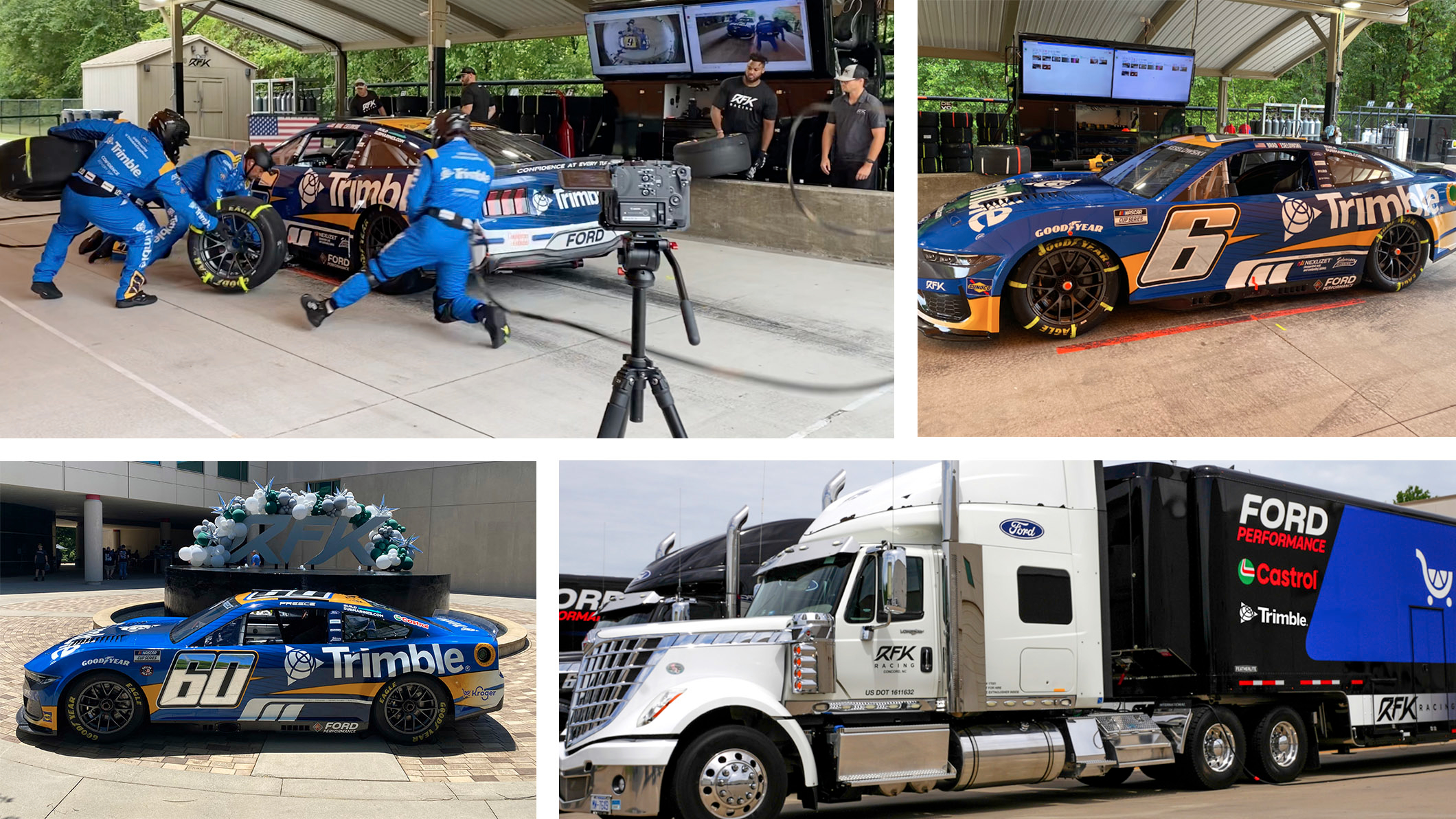 A collage of images related to the Trimble RFK NASCAR team: a pit crew working on a race car, the race car number 6 on display, the number 60 race car next to a sculpture, and a semi-truck with the RFK Racing and Trimble logos.