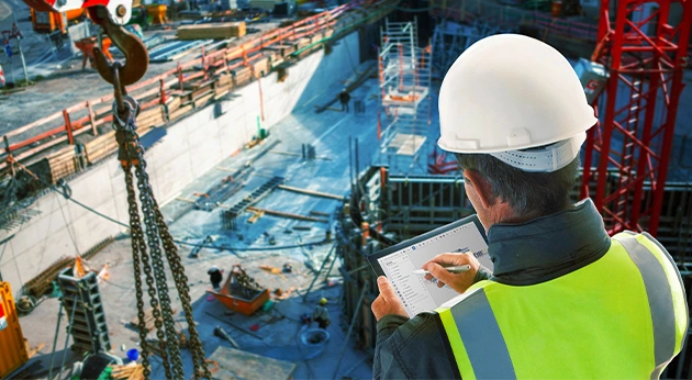 A construction manager on a job site uses a Trimble tablet and FieldLink software with a stylus to review a 3D project model.