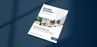 A man works on a computer in a sunlit office, featured on the cover of an "Accubid Anywhere" datasheet.