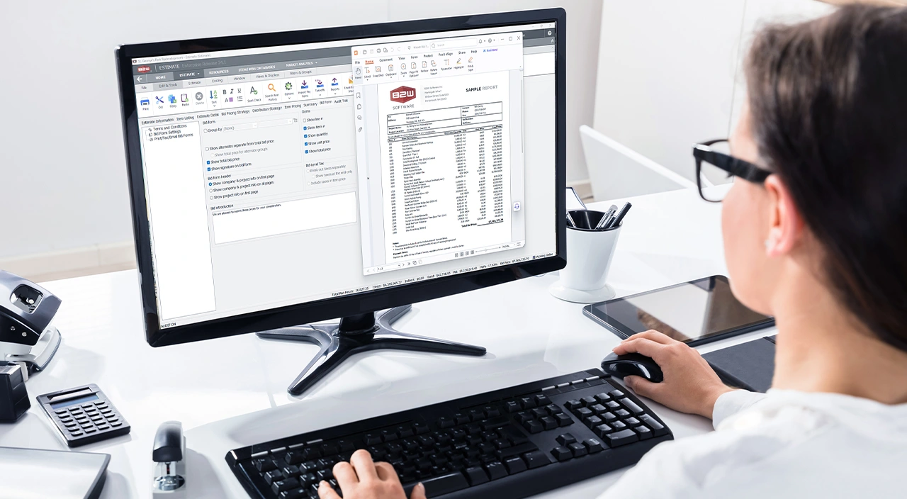 A woman uses Trimble's B2W Estimate software on a desktop computer to manage construction project bidding and reports at her office desk.