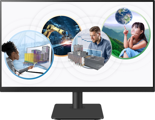 A monitor displays circles showcasing Trimble technology, including BIM software, construction robotics, and project management, alongside a child with a globe.