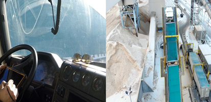 Split image showing a truck interior on the left with the driver's hands on the steering wheel, and a conveyor belt system in an industrial setting.