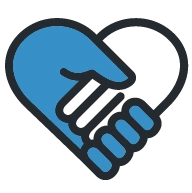 A blue and white icon of two hands shaking to form a heart shape, symbolizing partnership, community, and social responsibility.