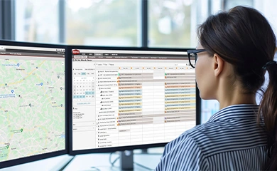 This image shows a professional using Trimble Appian fleet management software on dual monitors to manage a dispatch schedule and view a map of the San Francisco Bay Area.