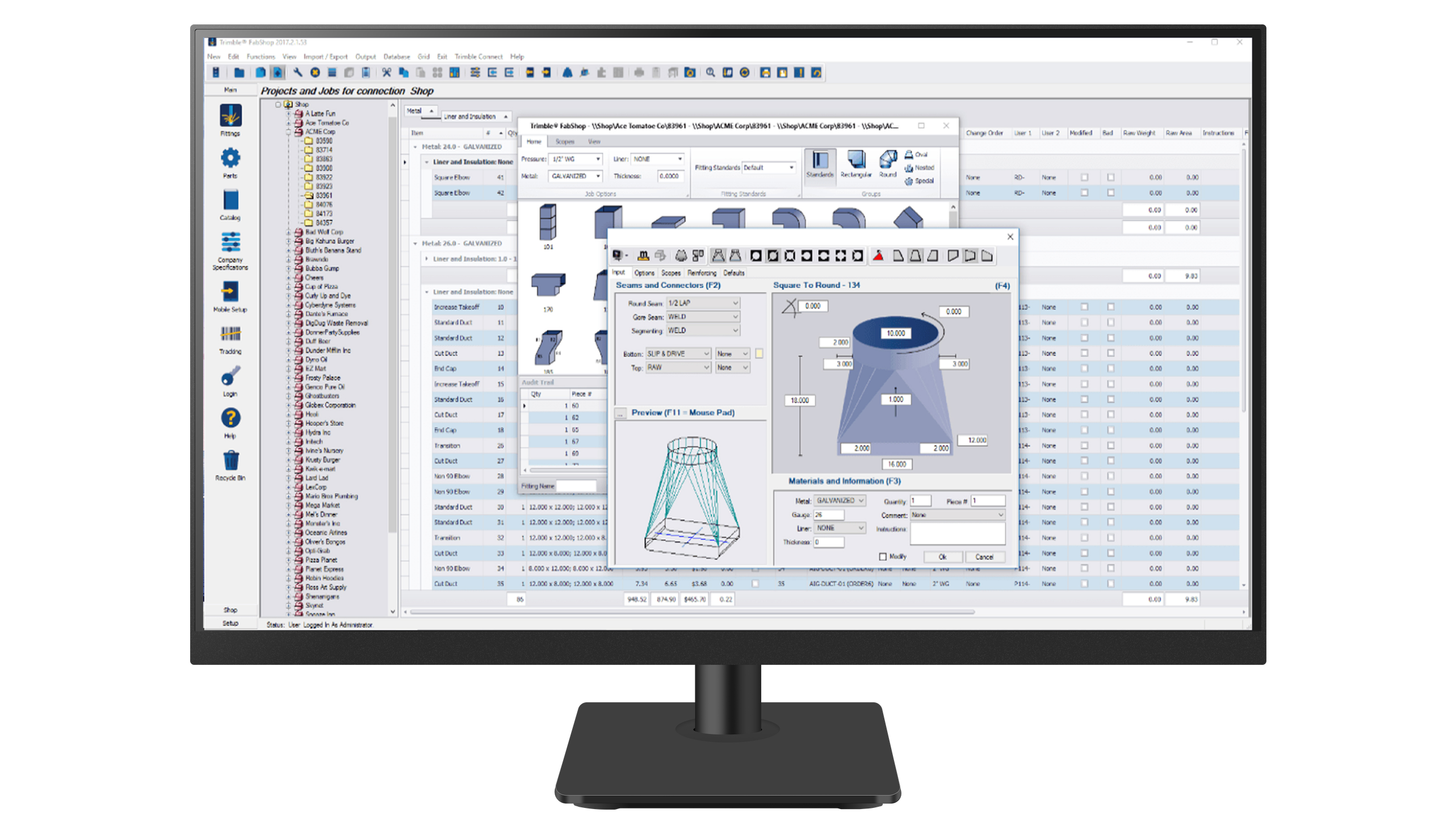 A computer monitor displaying the Trimble FabShop software interface with a 3D duct fitting model and shop management windows.