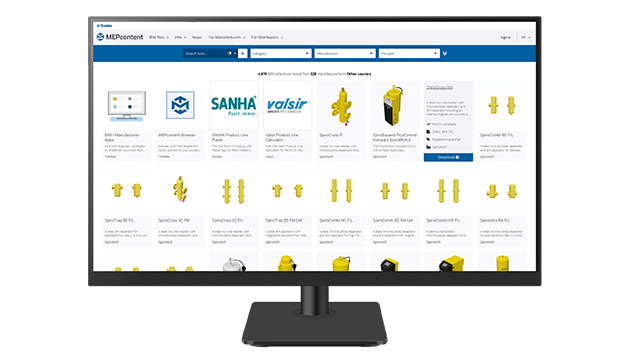 A desktop monitor displays MEPcontent library with BIM objects.