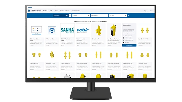 A desktop monitor displays MEPcontent library with BIM objects.