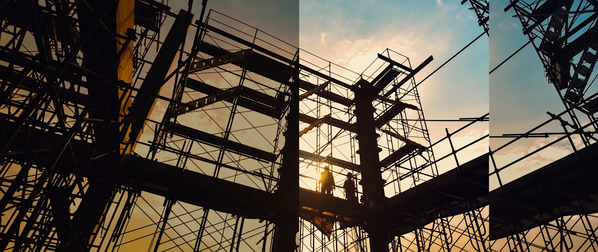 Silhouettes of construction workers on a scaffolding structure at a construction site during sunset, shown in a three-panel layout.