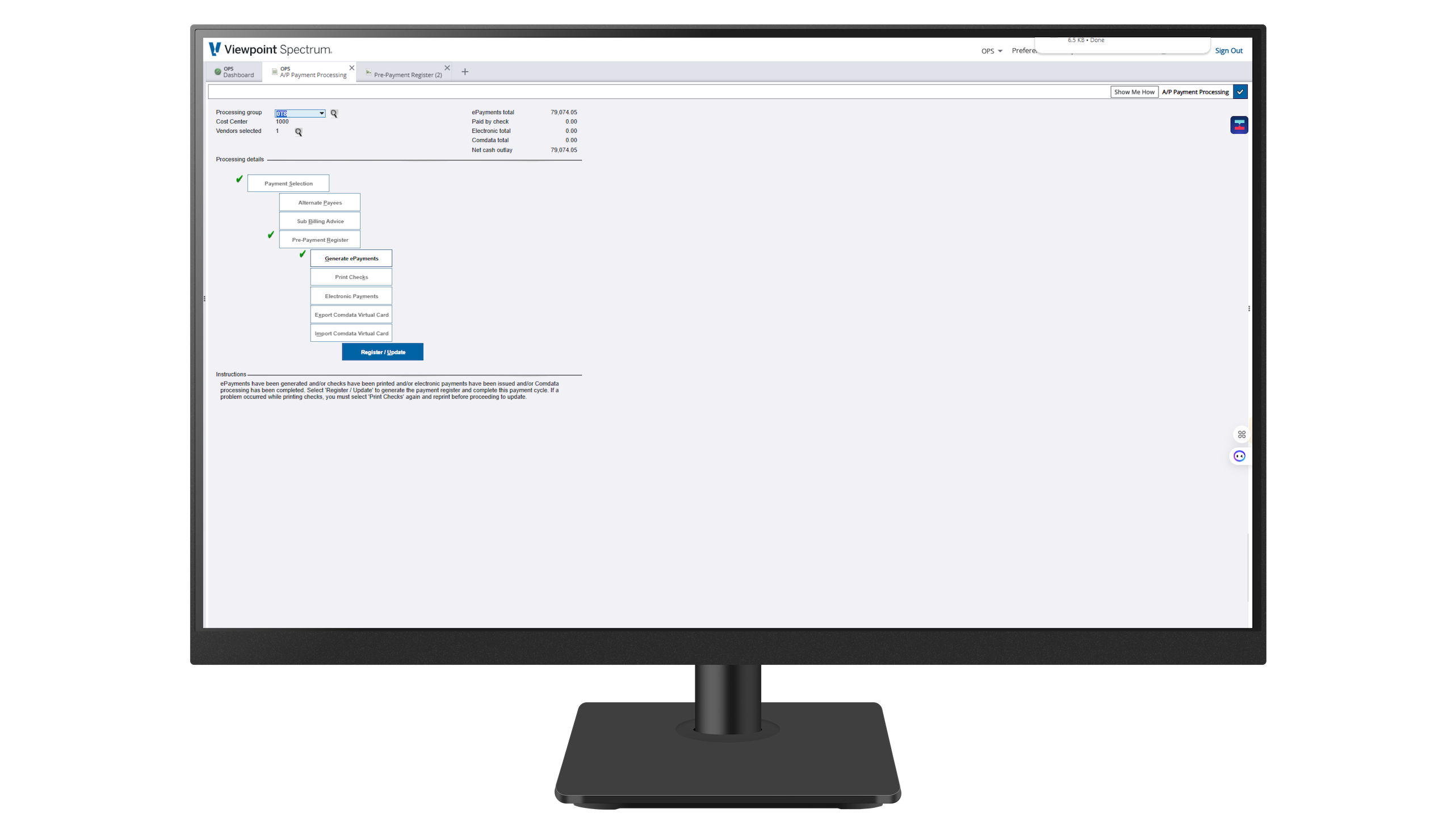 Screenshot of the A/P Payment Processing screen in Trimble Viewpoint Spectrum, showing a step-by-step construction payment workflow.