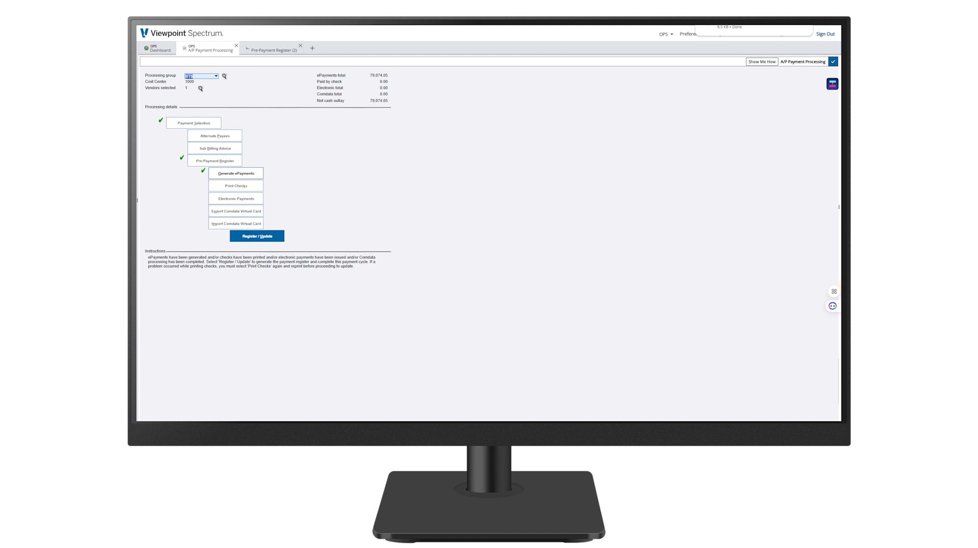 Screenshot of the A/P Payment Processing screen in Trimble Viewpoint Spectrum, showing a step-by-step construction payment workflow.
