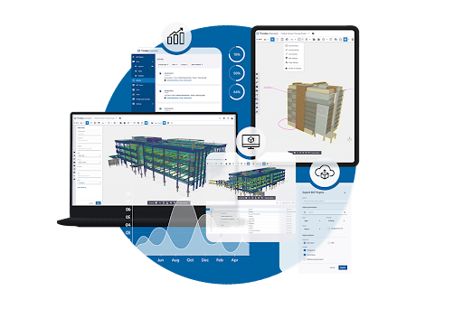 Trimble Connect-interfaces tonen AECO-projectsamenwerking: structurele en architectonische BIM-modellen, een projectanalyse-dashboard en BCF-onderwerpsexport voor probleemregistratie.