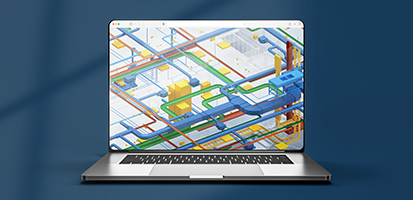 A laptop displays a colorful 3D BIM model of complex MEP piping and ductwork systems