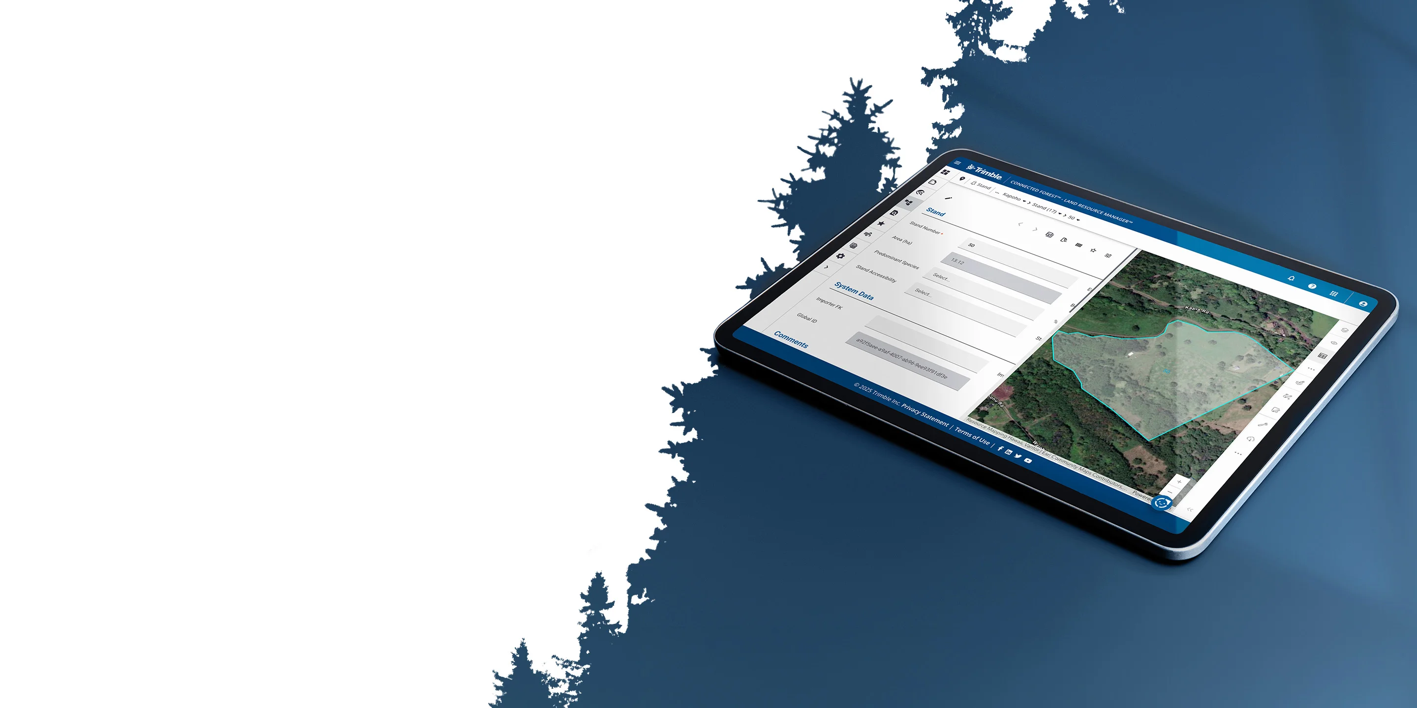 A tablet displays a geographic mapping software with a satellite image and data fields. White tree silhouettes border the left.