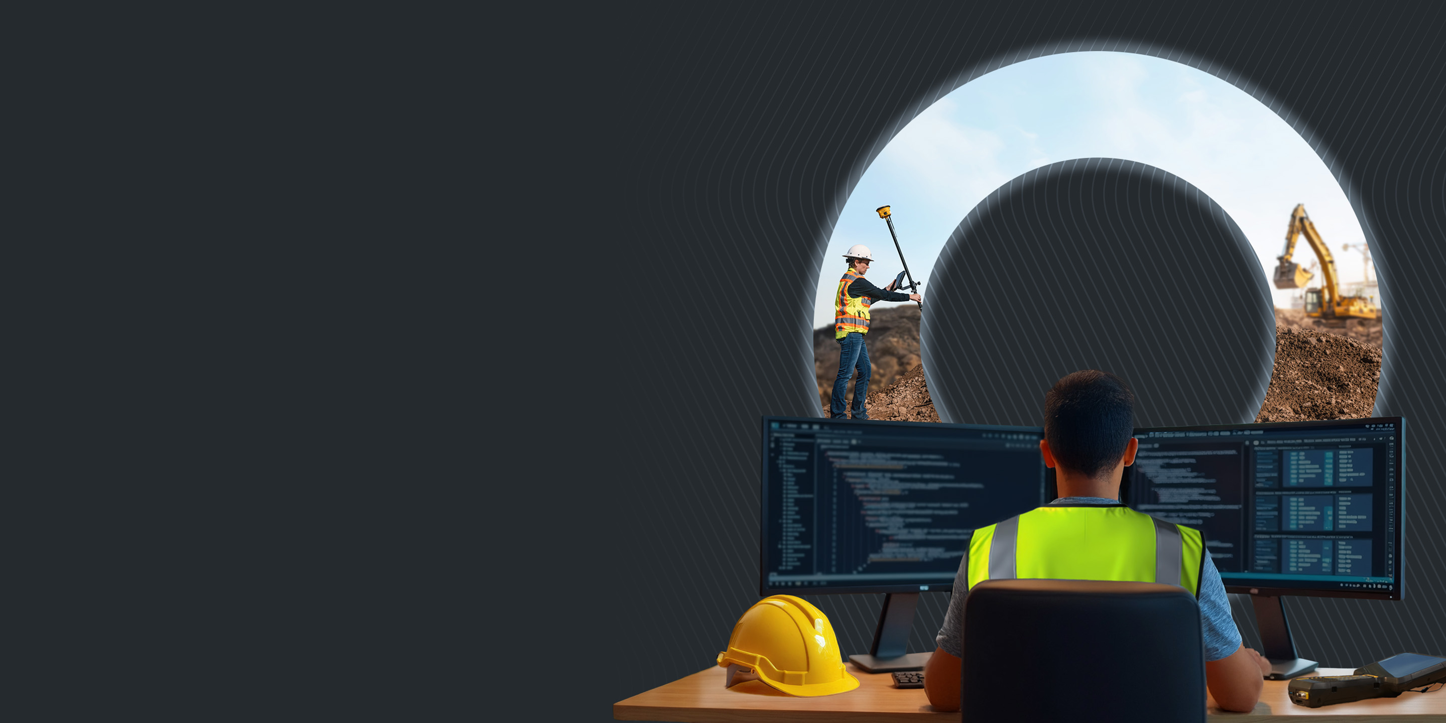 Office worker monitors field operations using Trimble software, connecting to a surveyor with a GNSS receiver and an excavator on a construction site.