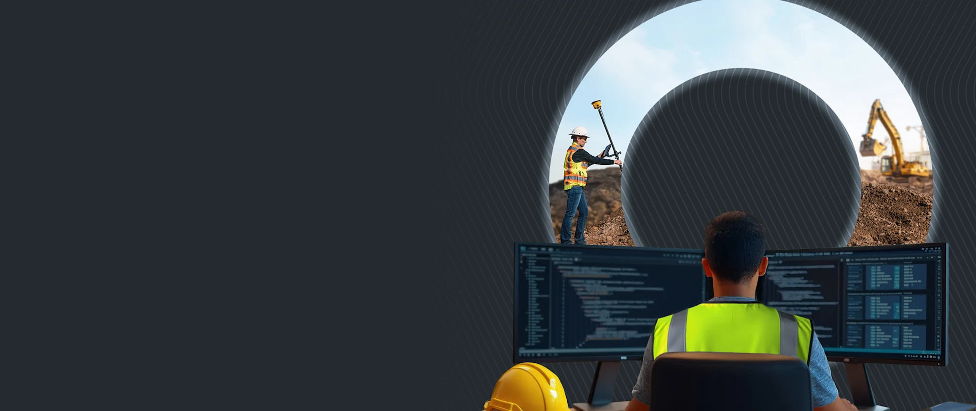 Office worker monitors field operations using Trimble software, connecting to a surveyor with a GNSS receiver and an excavator on a construction site.