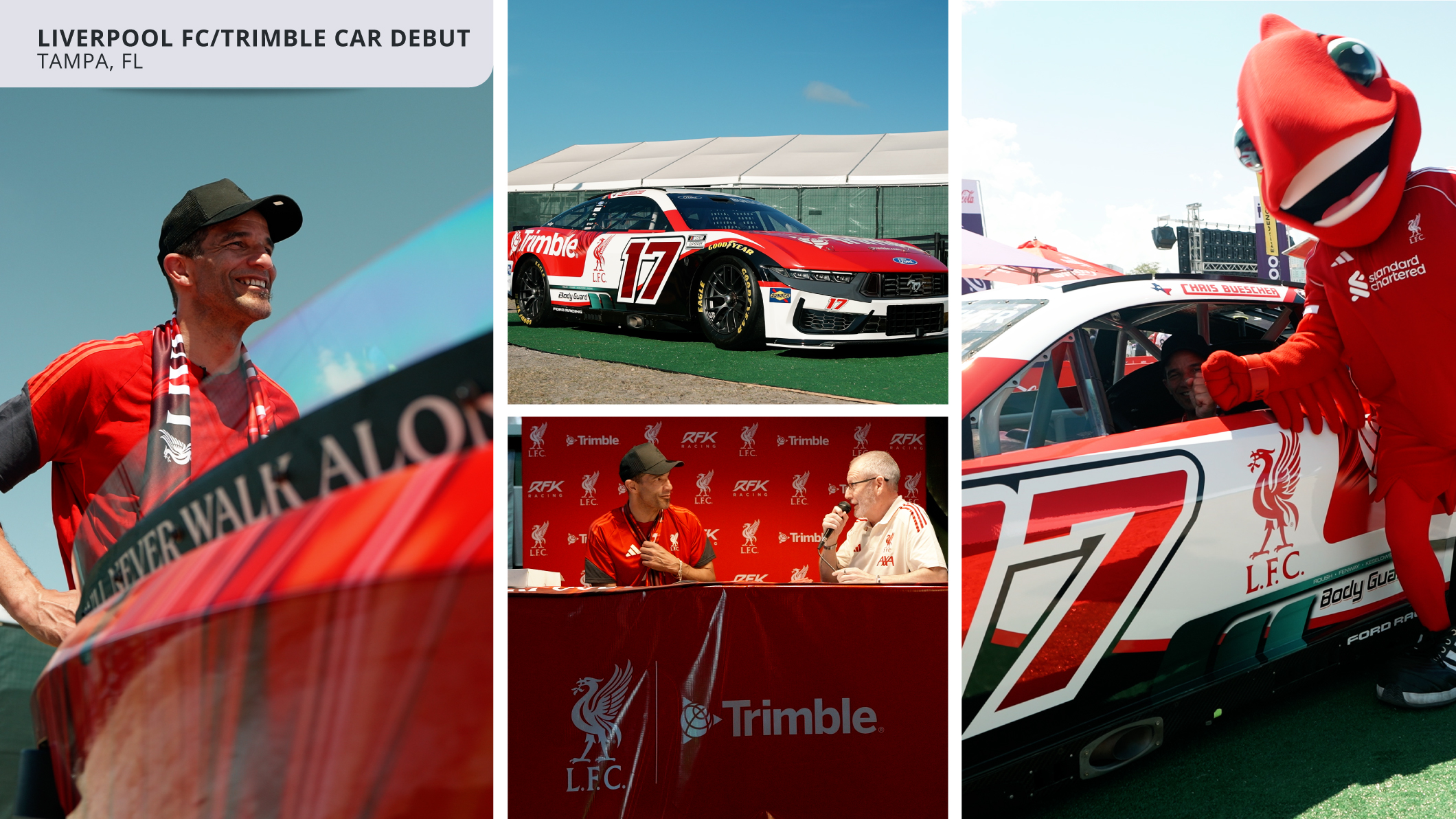 Four-panel collage of the Liverpool FC and Trimble car debut in Tampa, showing the red No. 17 car, interviews, and the Mighty Red mascot.