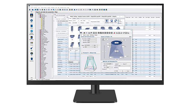 A desktop monitor displays Trimble FabShop software.