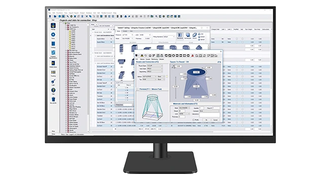 A desktop monitor displays Trimble FabShop software.