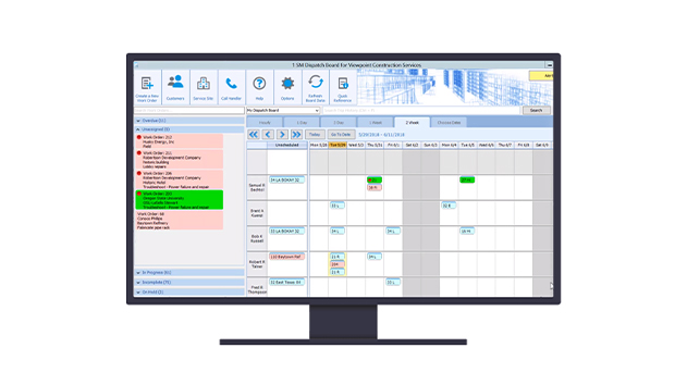 Monitor displaying the SM Dispatch Board for Trimble Viewpoint Vista, showing work order scheduling and technician availability.