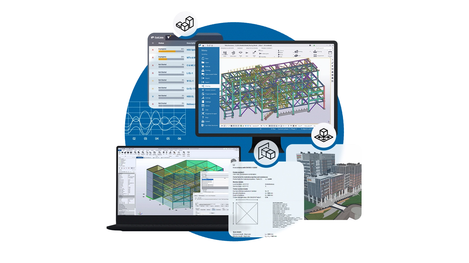 Collage of Trimble software including Tekla Structures, PowerFab, and Structural Designer showing 3D BIM models and engineering calculations.