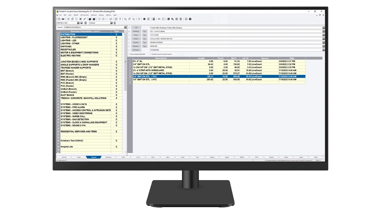 A desktop monitor displays Trimble Accubid Classic Estimating software.