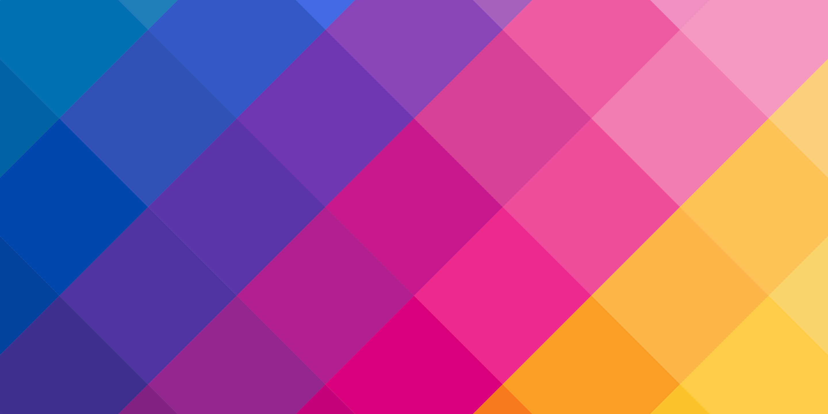 Abstract geometric pattern of interlocking squares and rhombuses, transitioning diagonally from blues and purples to pinks, oranges, and yellows.